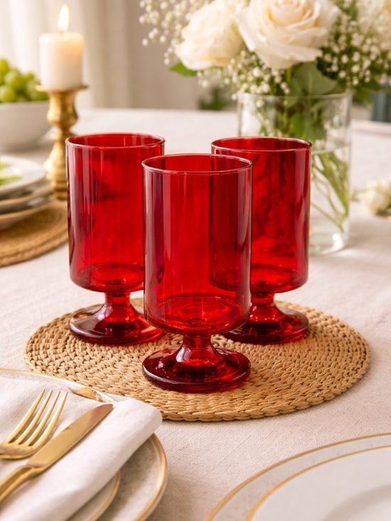 Other - Vintage Ruby Red Footed Glasses Set of 3 Mid Century  Cocktail Juice Tumblers